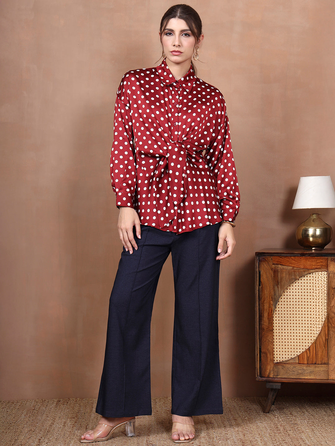 Thirty Threads Women's Maroon Polka Dot Regular Shirt