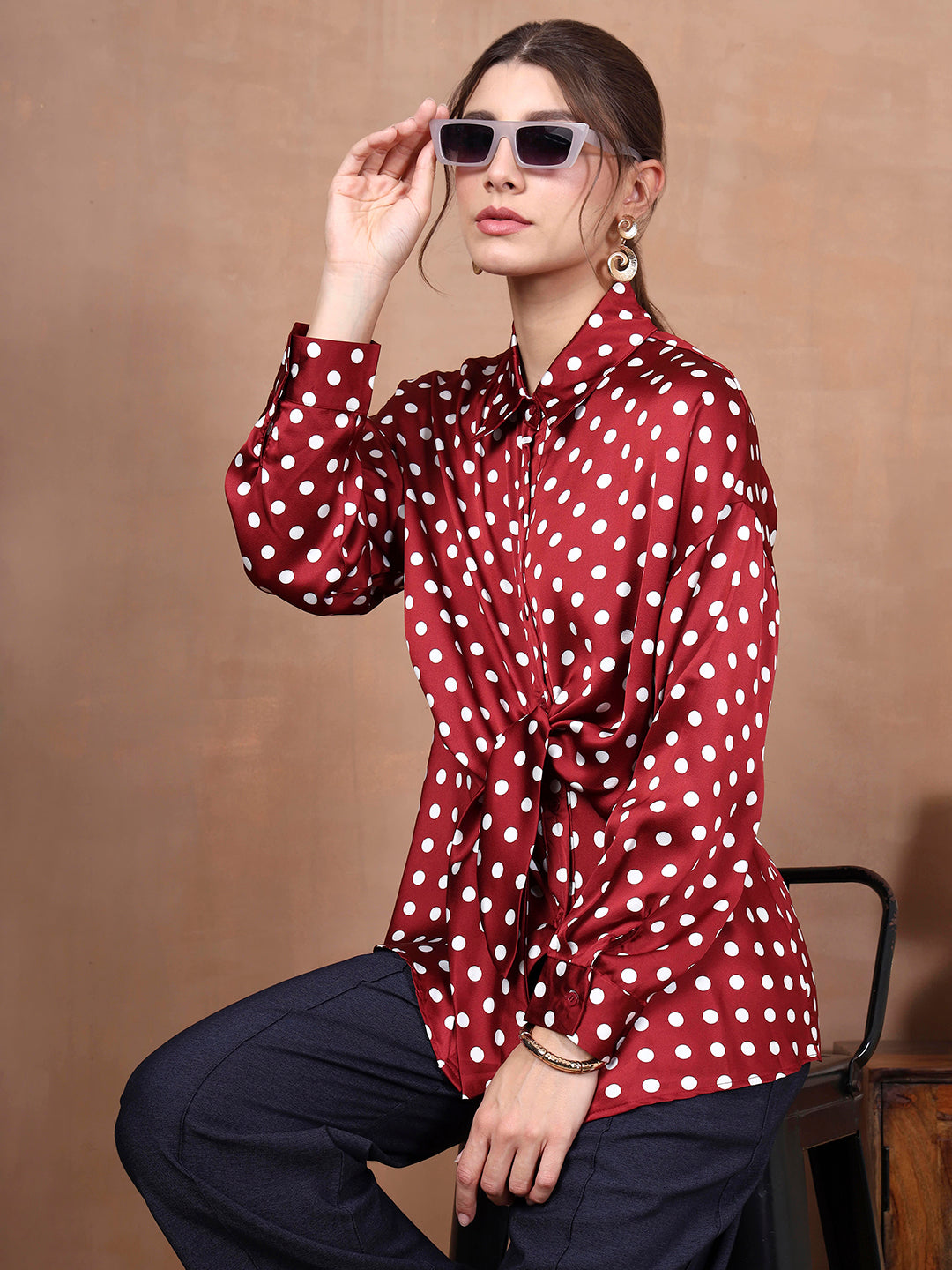 Thirty Threads Women's Maroon Polka Dot Regular Shirt