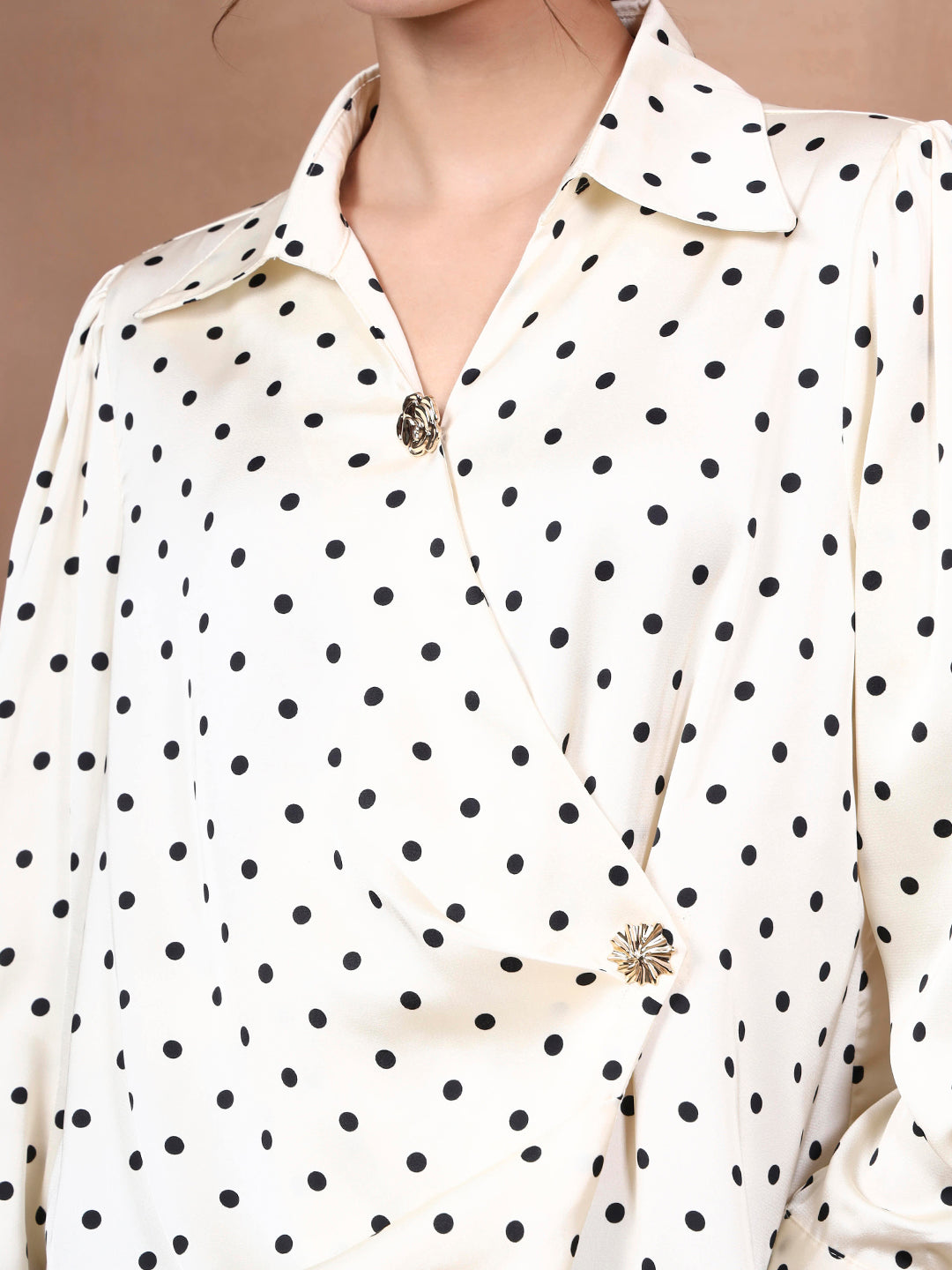 Thirty Threads Women's Off White Polka Dot Regular Shirt