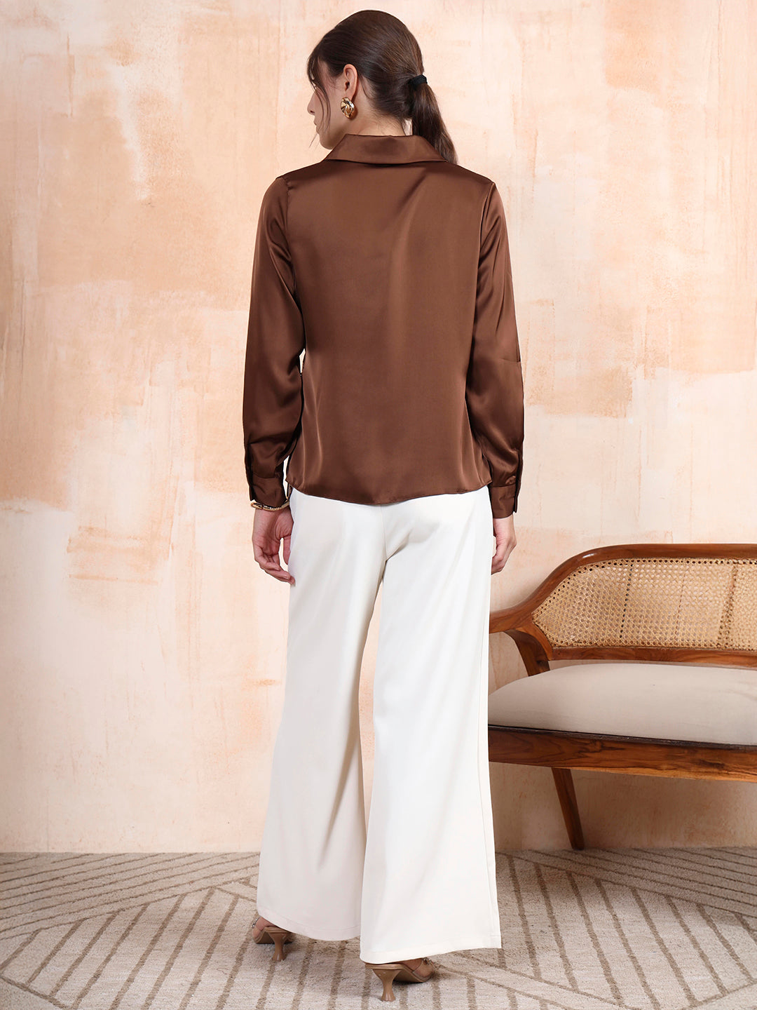 Thirty Threads Women's Brown Solid Regular Shirt