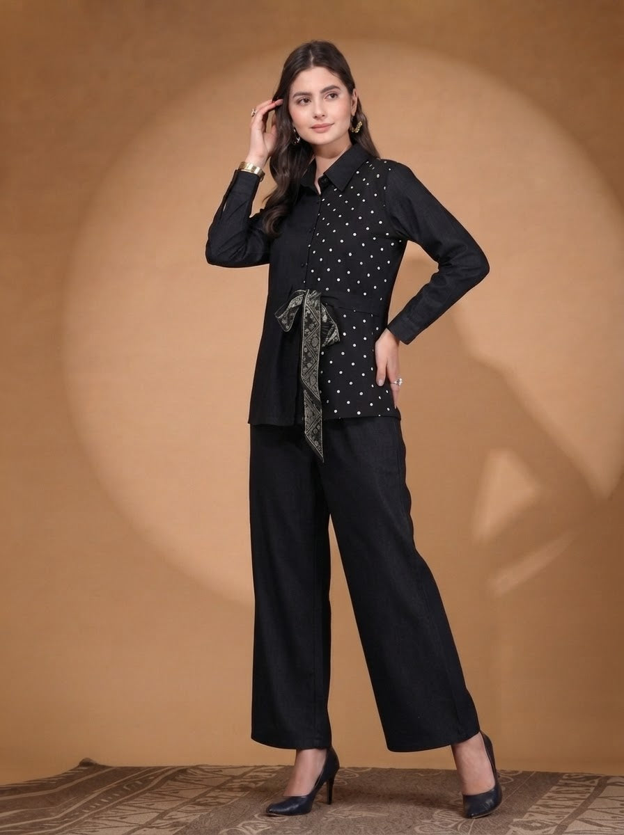 Thirty Threads Womens Denim Blue Solid Shirt Collar Neck Regular Co-Ord Set
