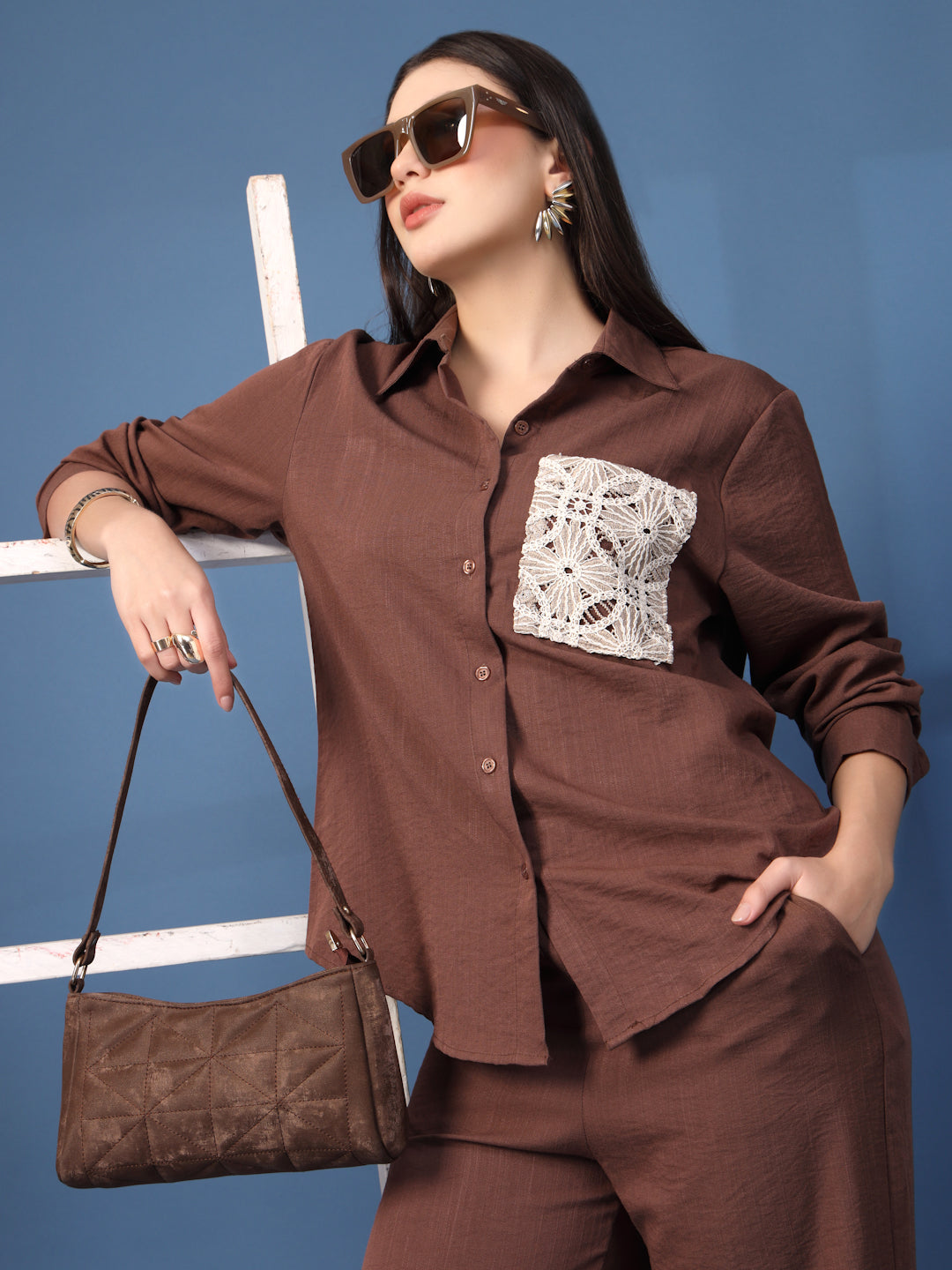 Thirty Threads Womens Coffee Embroidered Collar Neck Regular Co-Ord Set