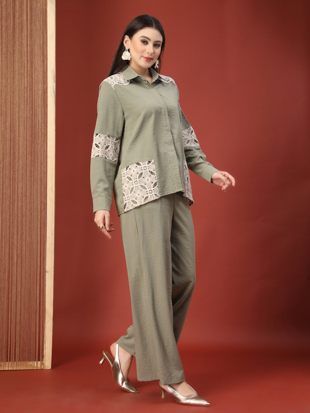 Thirty Threads Womens Beige Self Design Collar Neck Regular Co-Ord Set
