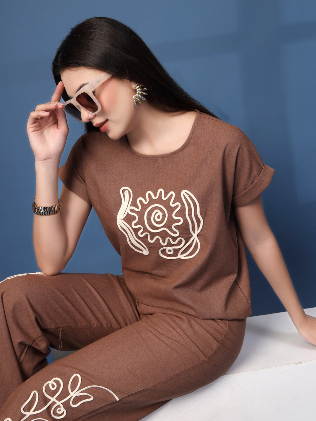 Thirty Threads Womens Brown Embroidered Round Neck Regular Co-Ord Set