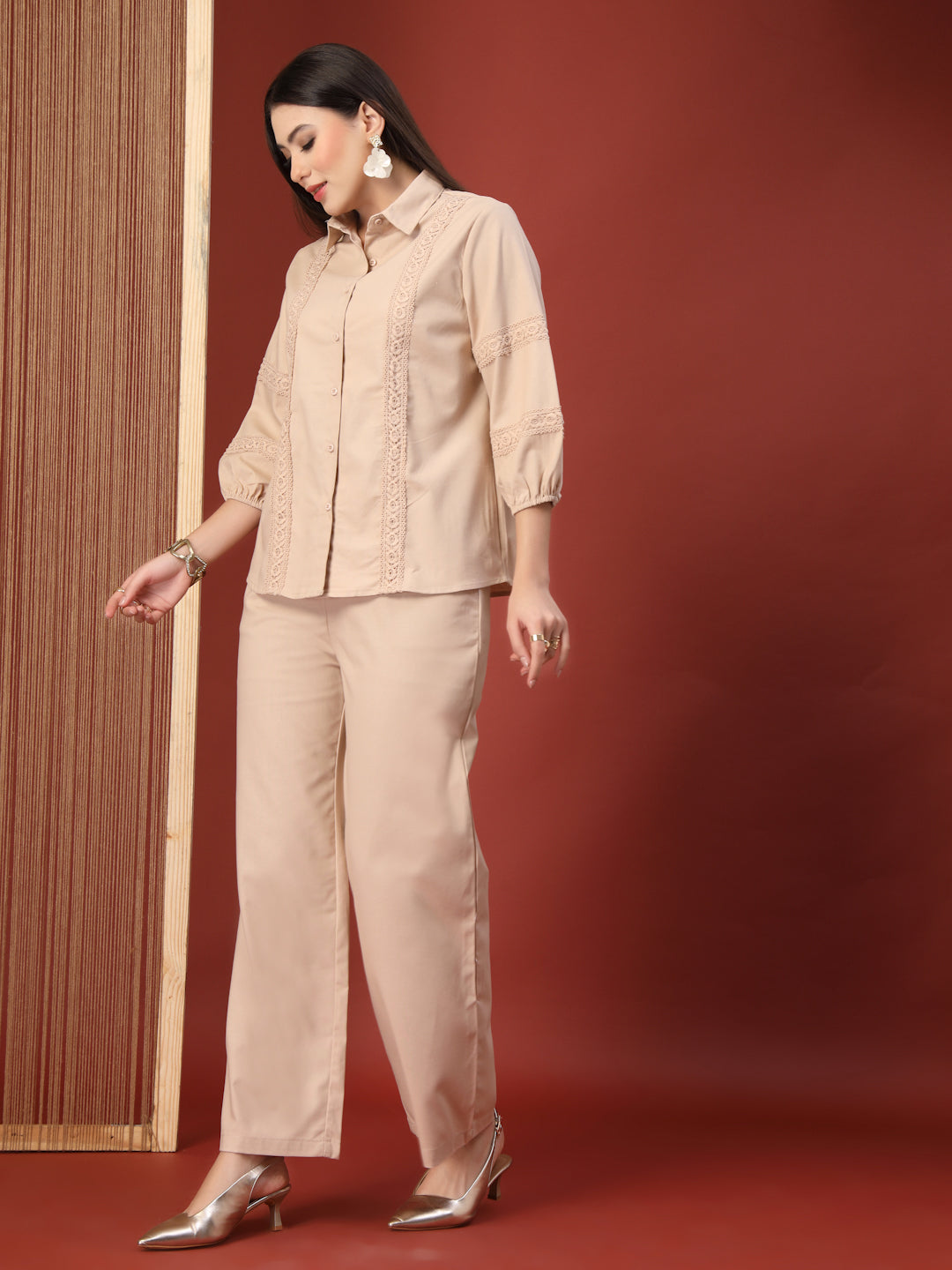 Thirty Threads Womens Beige Self Design Collar Neck Regular Co-Ord Set
