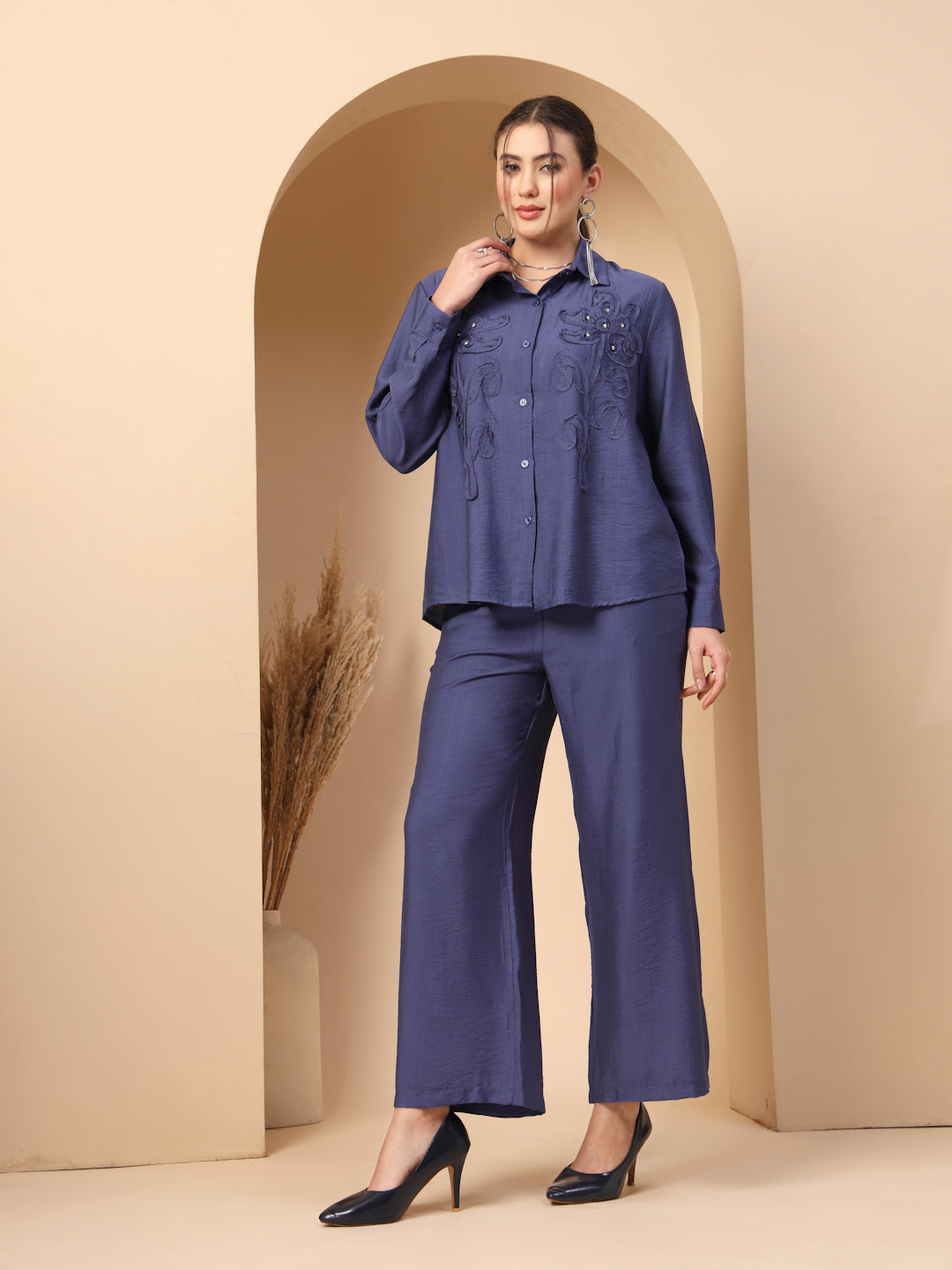 Thirty Threads Womens Blue Self Design Collar Neck Regular Co-Ord Set