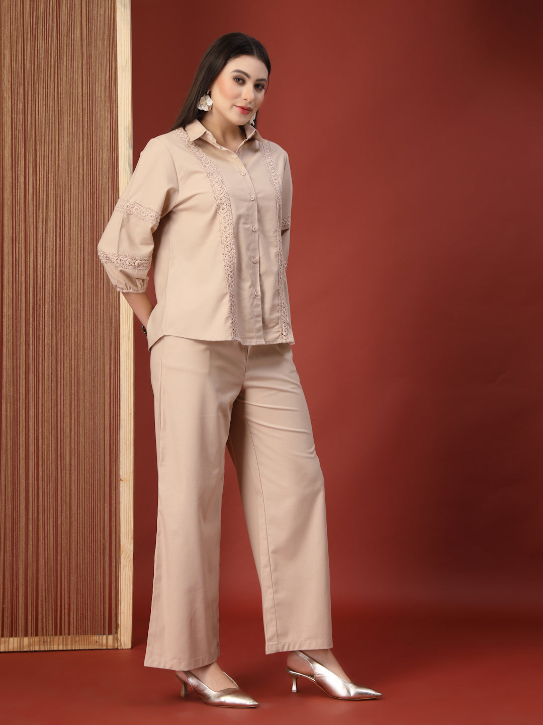 Thirty Threads Womens Beige Self Design Collar Neck Regular Co-Ord Set