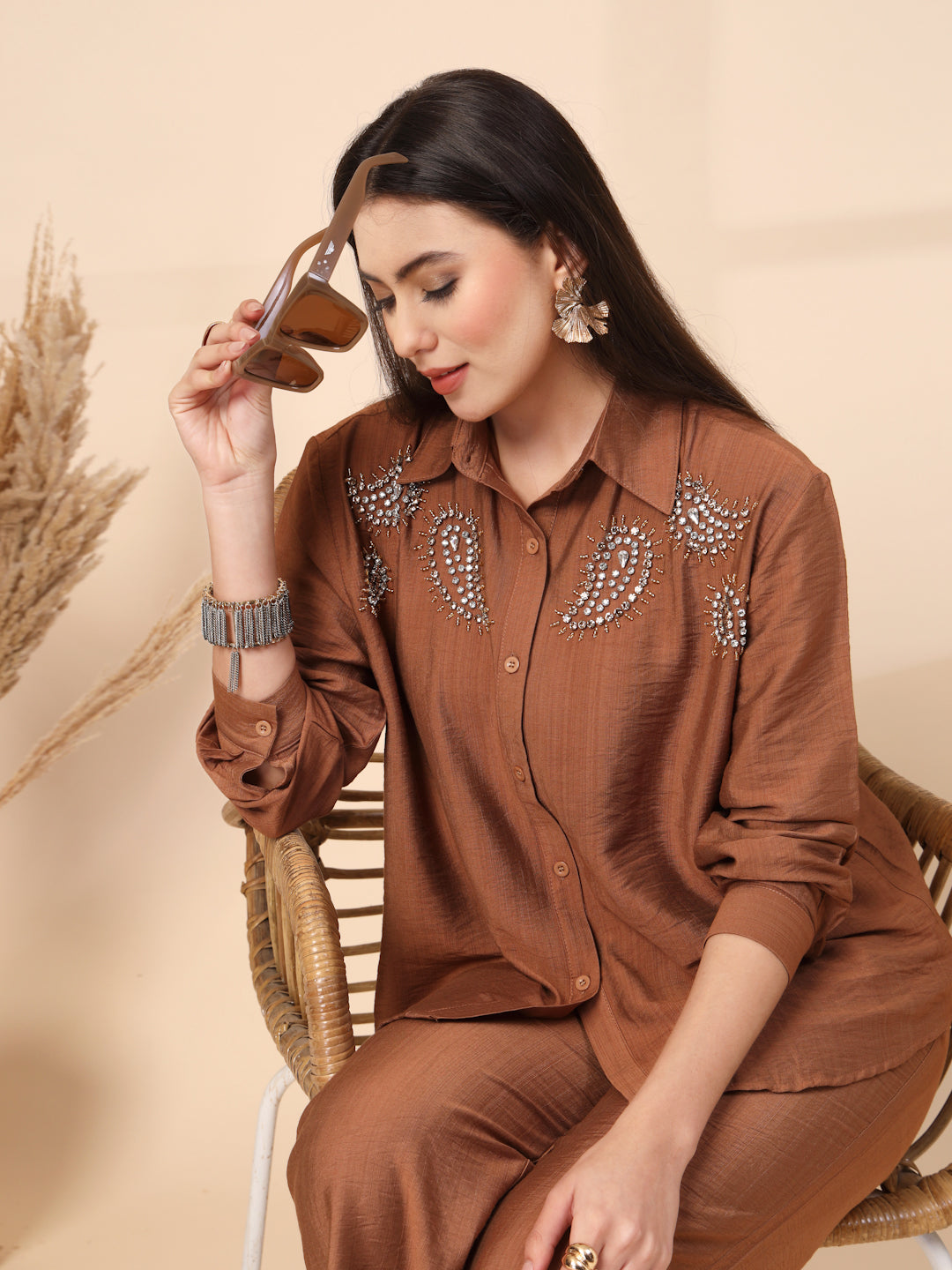 Thirty Threads Womens Green Embellished Collar Neck Regular Co-Ord Set