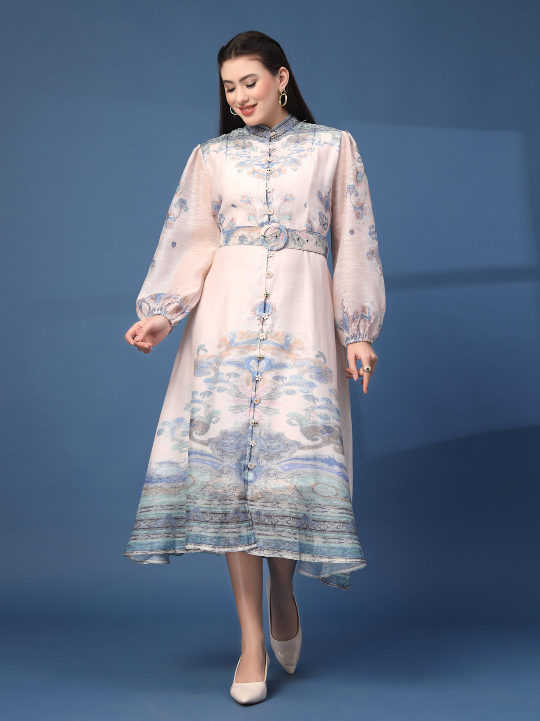 Thirty Threads Womens Multi Floral Mandrain Collar Calf Length Dress