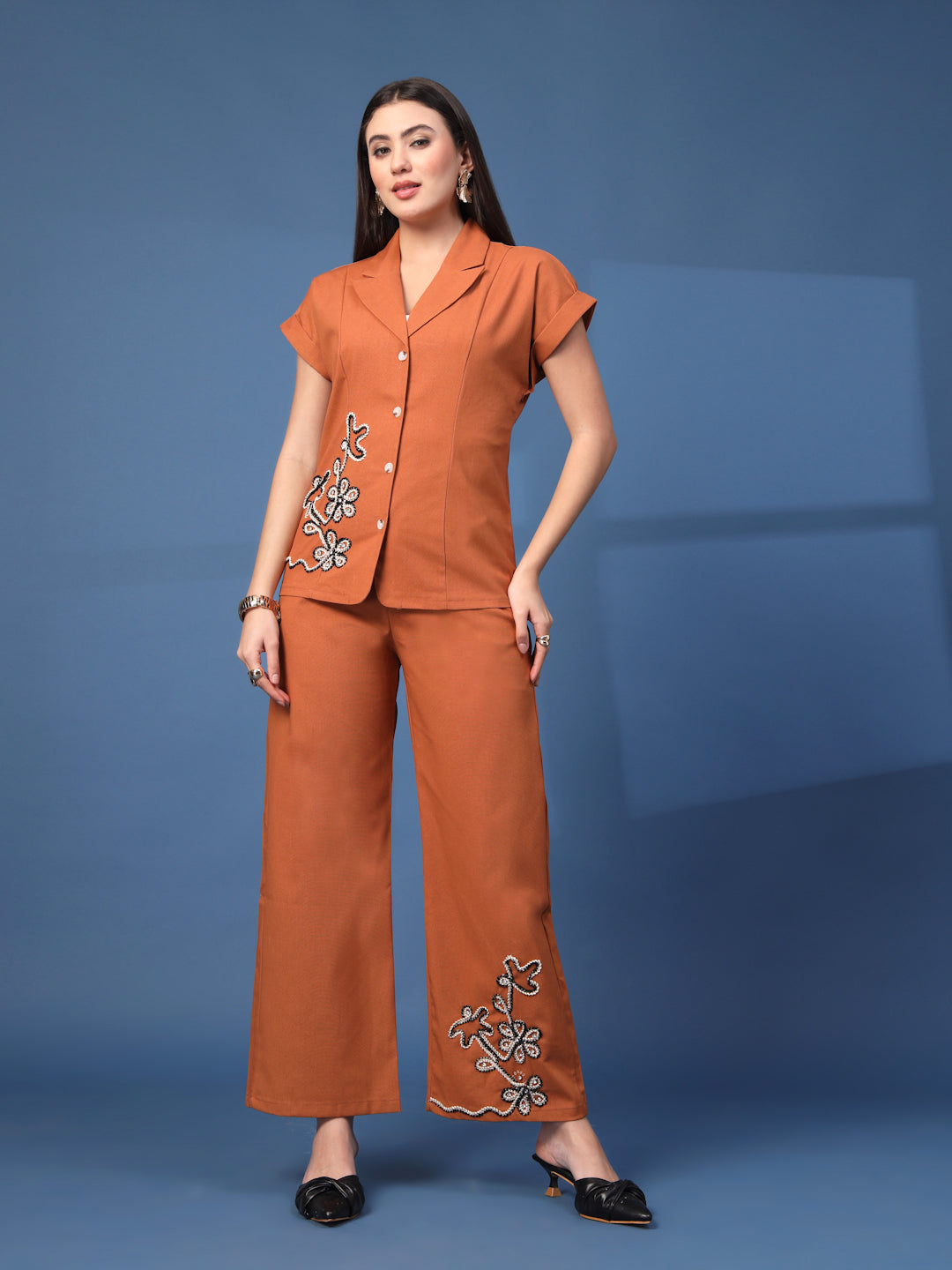 Thirty Threads Womens Beige Embroidered Lepal Neck Regular Co-Ord Set