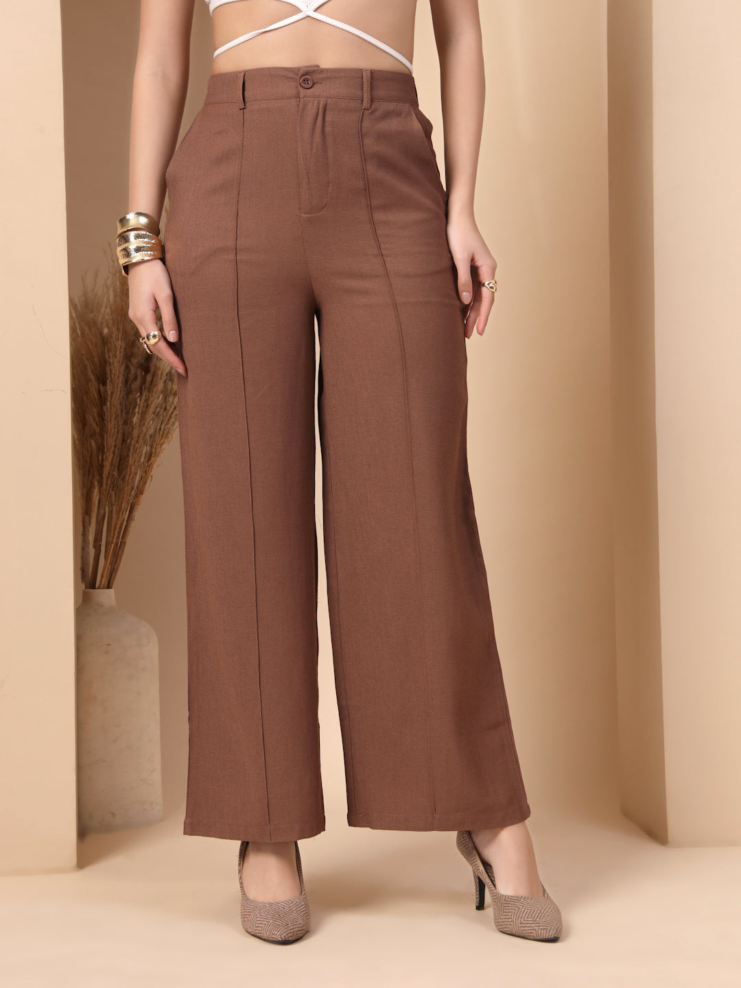 Thirty Threads Womens Brown Solid Ankle Length Palazoo