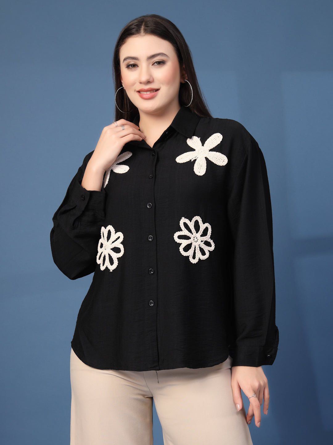 Thirty Threads Womens White Emboirered Collar Neck Long Sleeve Regular Length Shirt