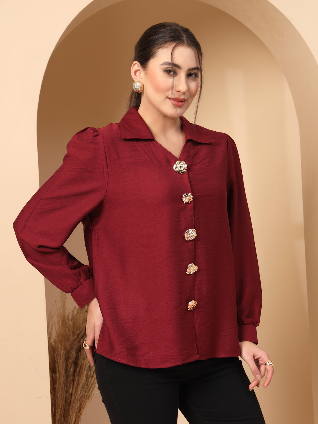 Thirty Threads Womens Maroon Solid Collar Neck Long Sleeve Regular Length Shirt