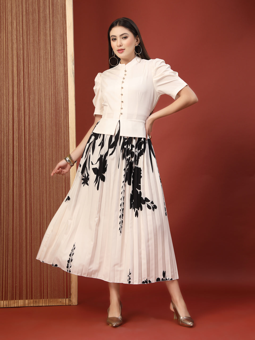 Thirty Threads Womens Off White Floral Mandrain Collar Ankle Length Dress