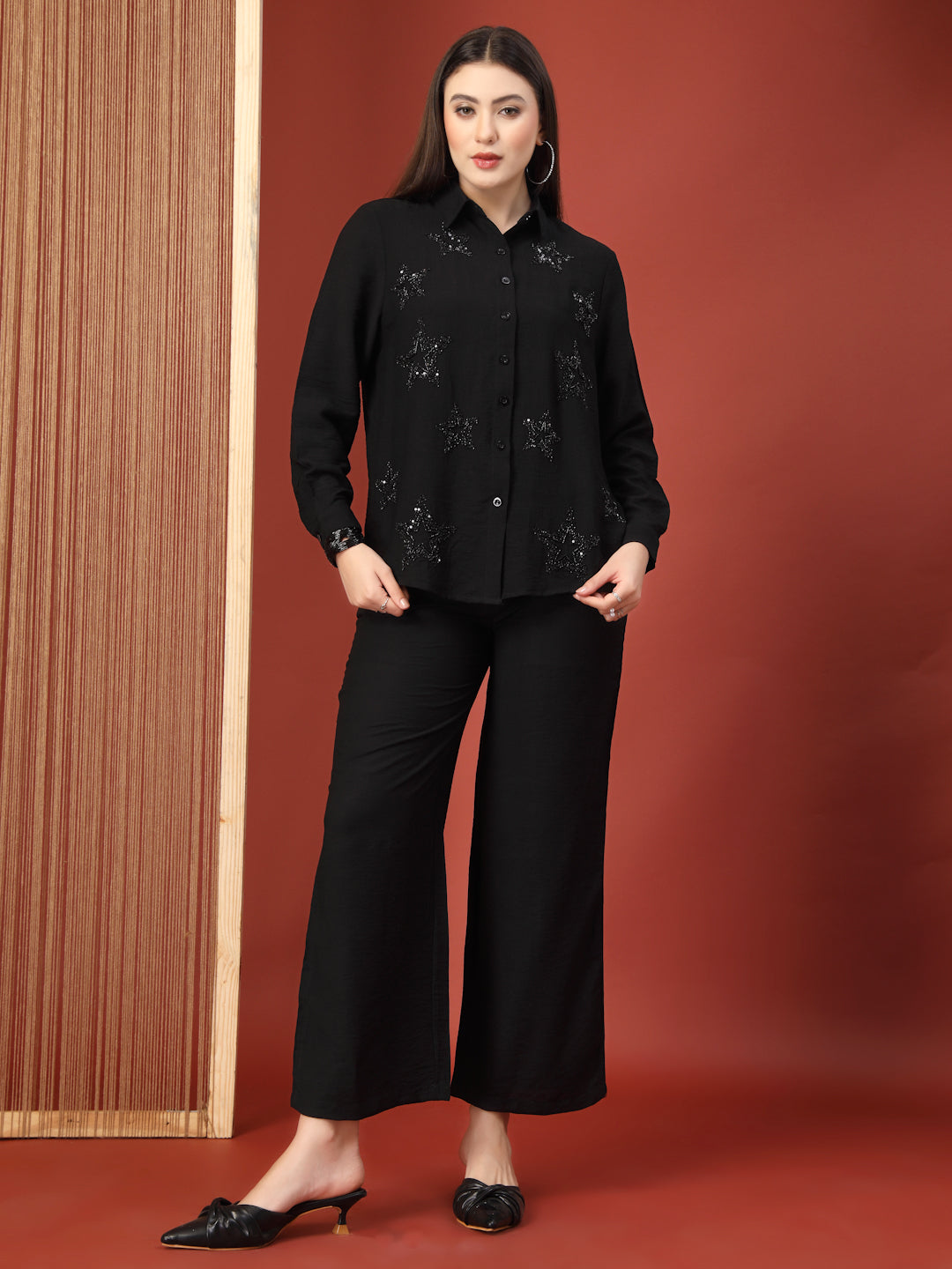 Thirty Threads Womens Blue Embellished Collar Neck Regular Co-Ord Set