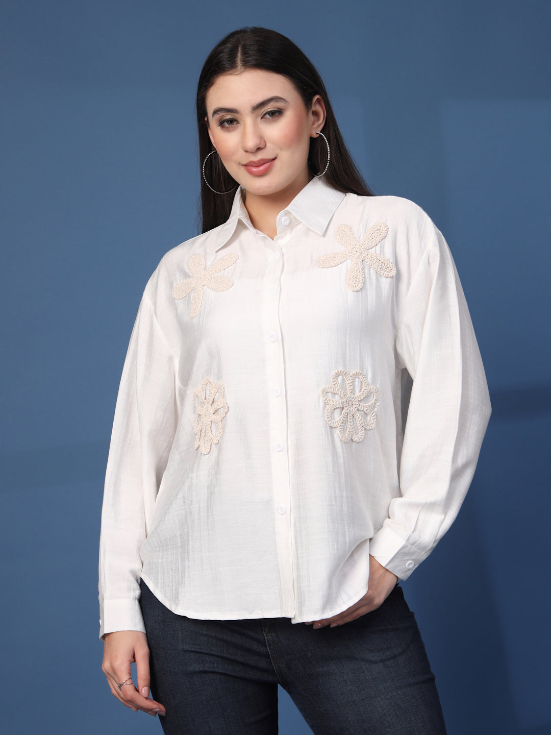 Thirty Threads Womens White Emboirered Collar Neck Long Sleeve Regular Length Shirt