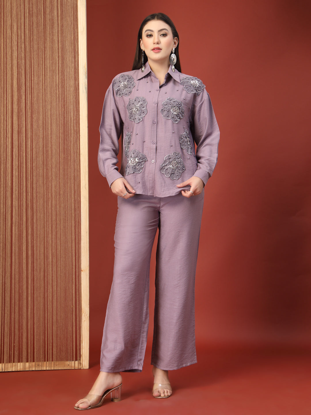 Thirty Threads Womens Lavender Embellished Collar Neck Regular Co-Ord Set