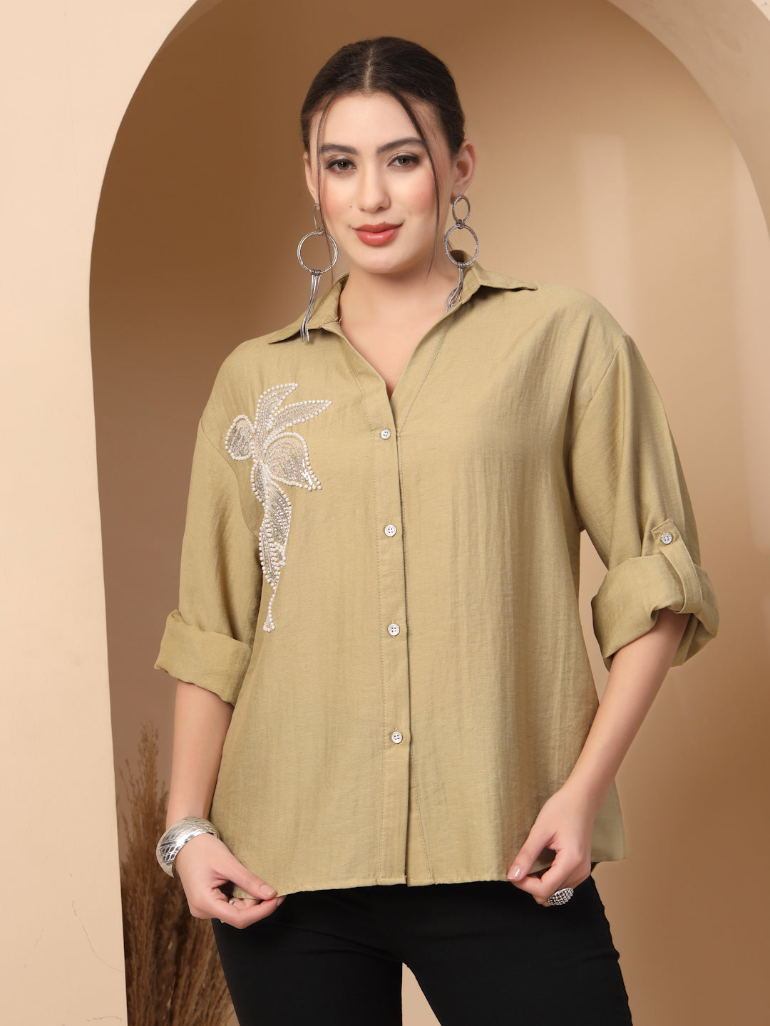 Thirty Threads Comfort Floral Embellished Spread Collar Relaxed Fit Casual Shirt