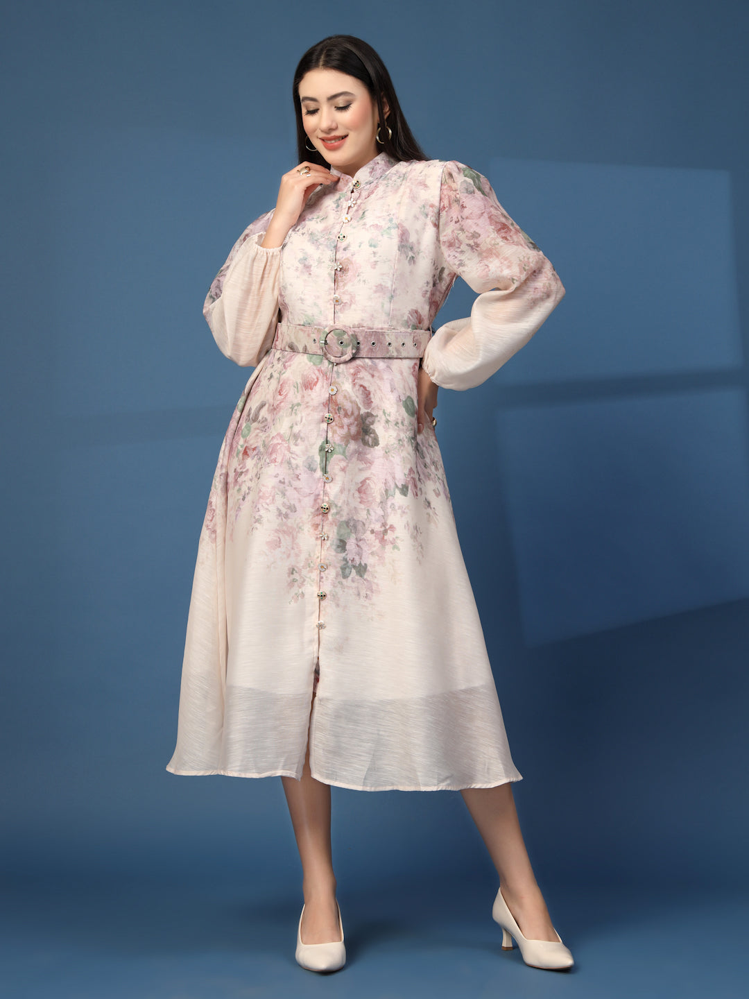 Thirty Threads Womens Peach Floral Mandrain Collar Calf Length Dress