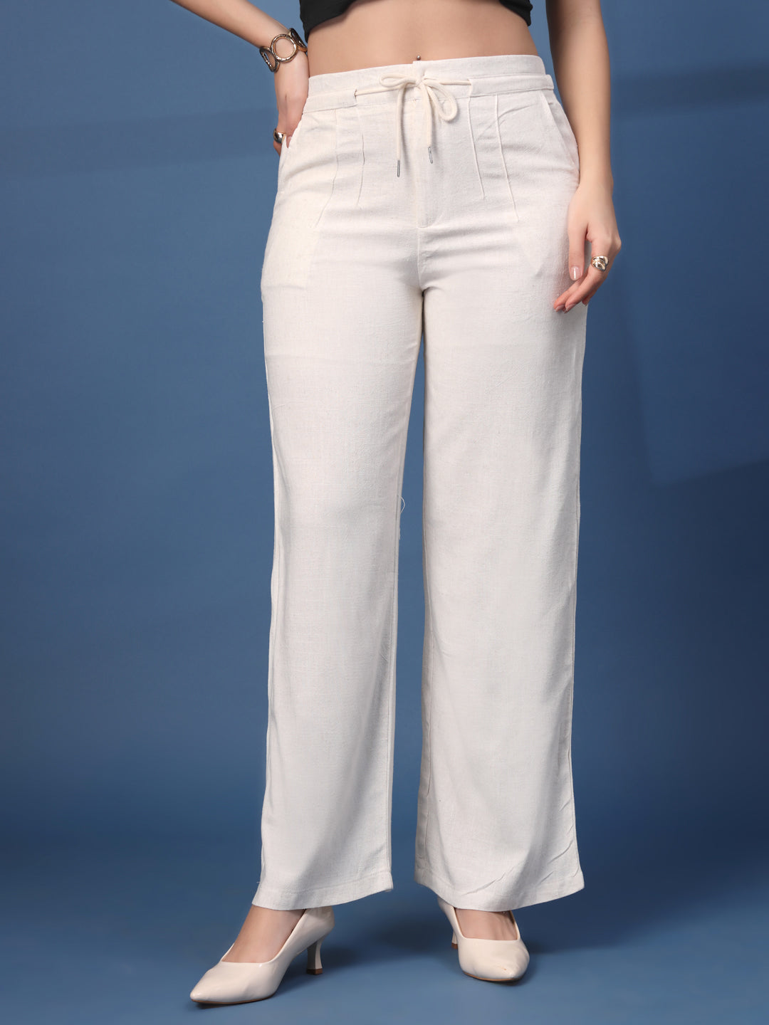 Thirty Threads Womens Off White Solid Ankle Length Palazoo