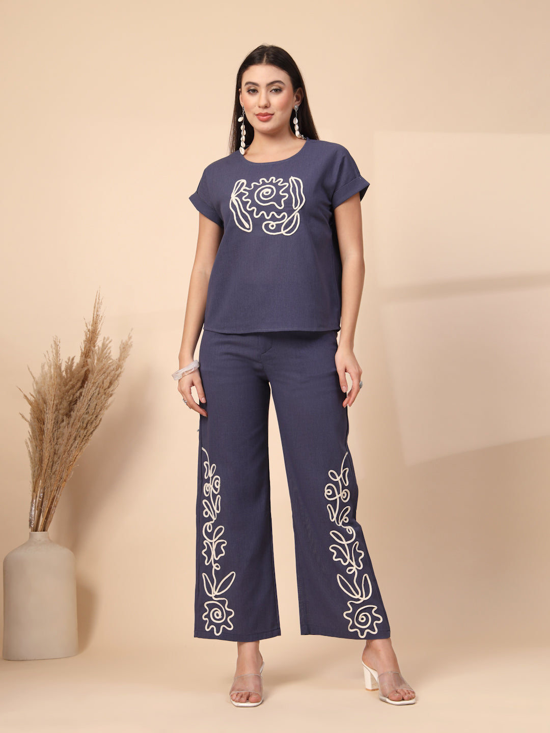 Thirty Threads Womens Brown Embroidered Round Neck Regular Co-Ord Set