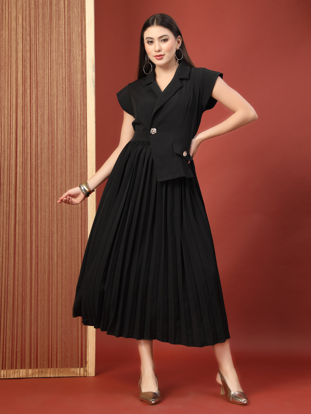 Thirty Threads Womens Black Solid Collar Neck Calf Length Dress