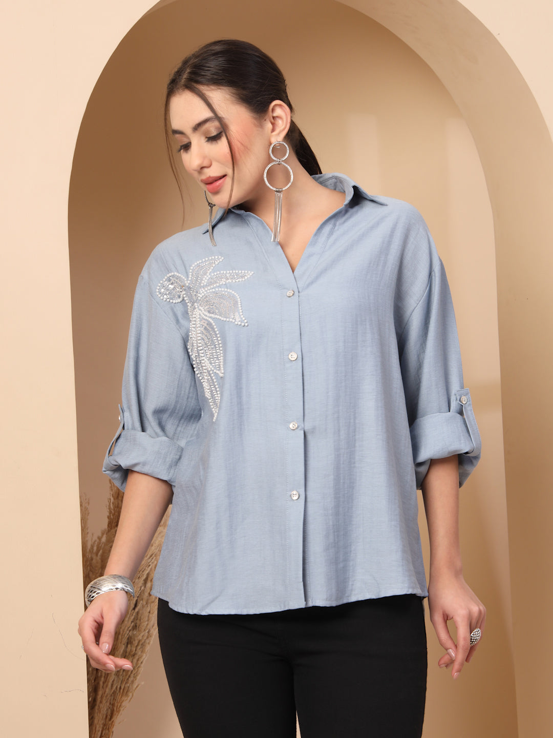Thirty Threads Comfort Floral Embellished Spread Collar Relaxed Fit Casual Shirt