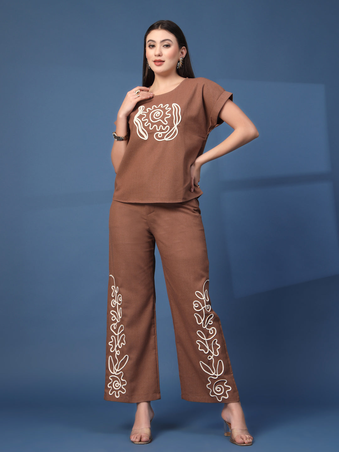 Thirty Threads Womens Blue Embroidered Round Neck Regular Co-Ord Set