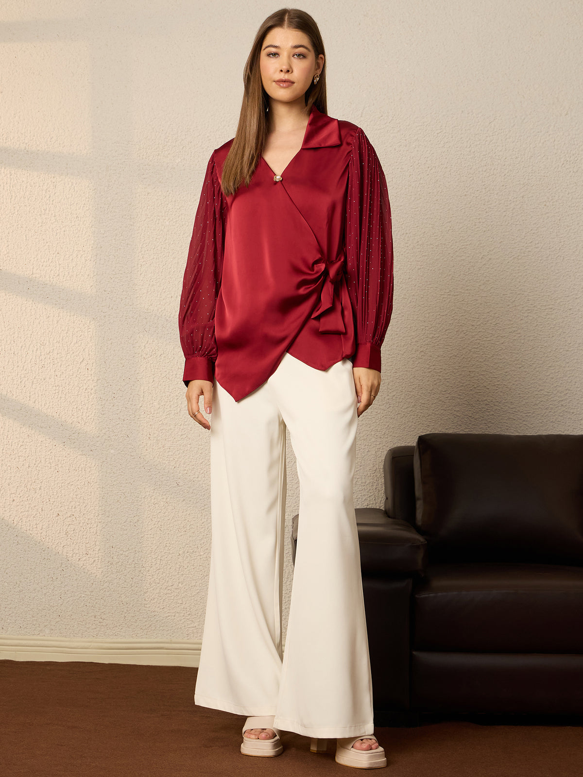 Thirty Threads Womens Blue Embellished V- Neck Long Sleeve Regular Length Shirt
