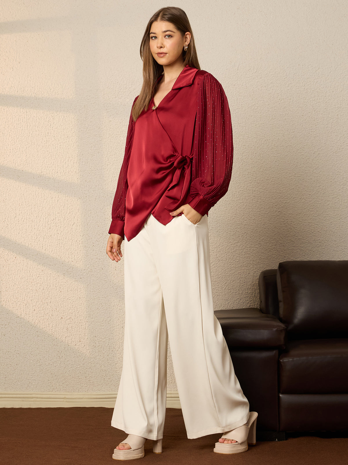 Thirty Threads Womens Blue Embellished V- Neck Long Sleeve Regular Length Shirt