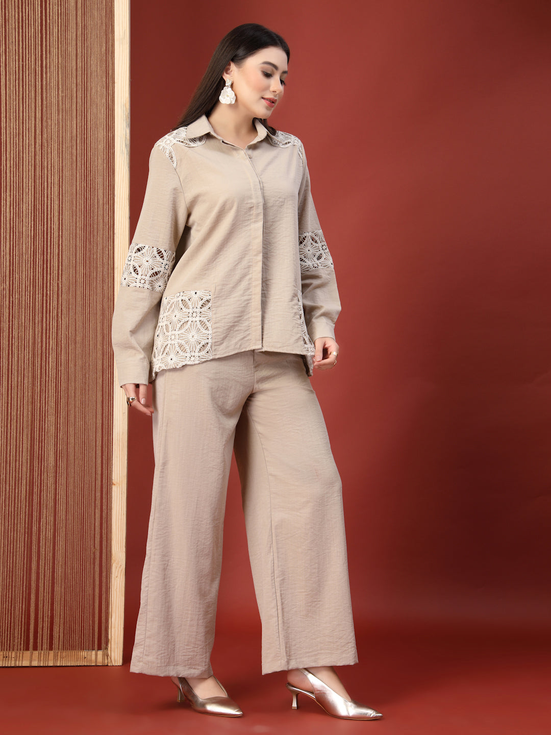 Thirty Threads Womens Beige Self Design Collar Neck Regular Co-Ord Set