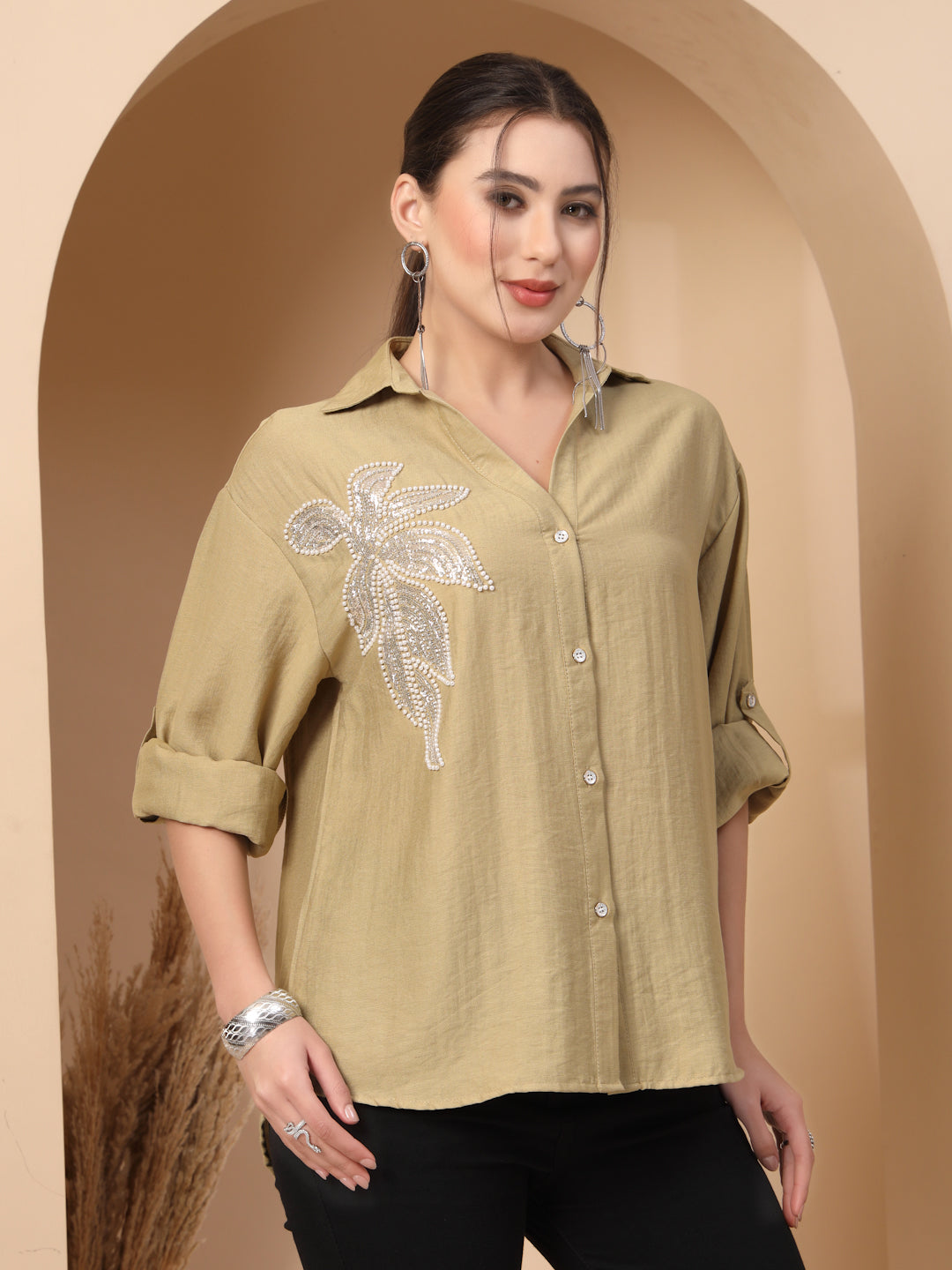 Thirty Threads Womens Blue Embellished Collar Neck Long Sleeve Regular Length Shirt