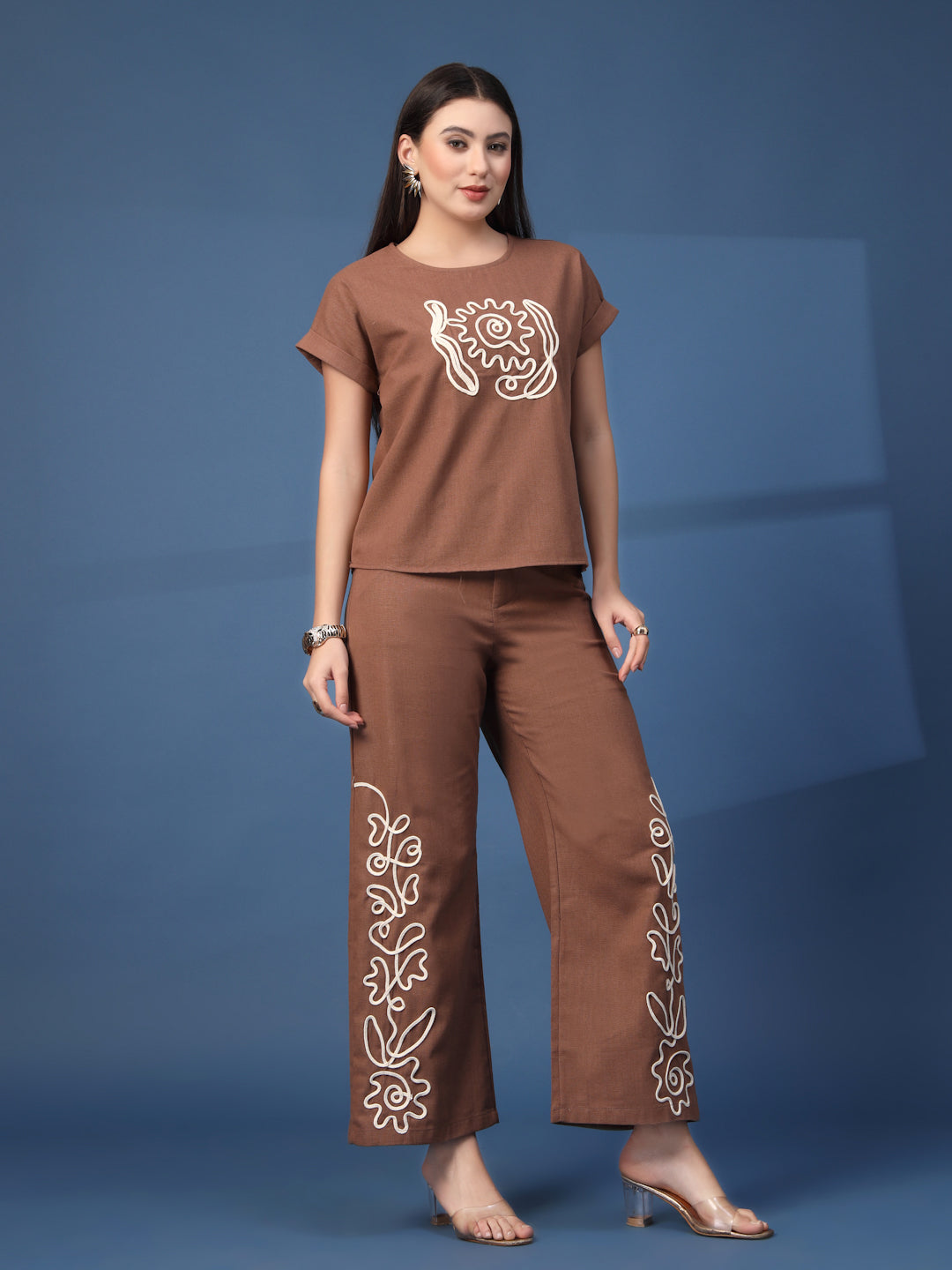 Thirty Threads Womens Blue Embroidered Round Neck Regular Co-Ord Set