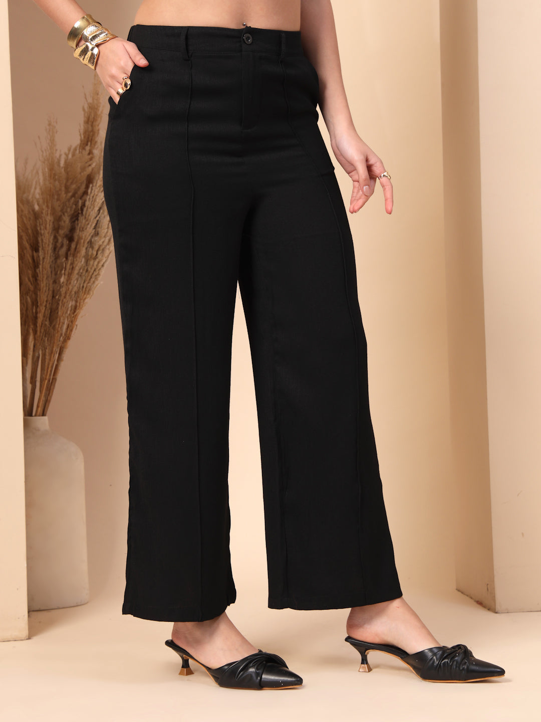 Thirty Threads Womens Black Solid Ankle Length Palazoo