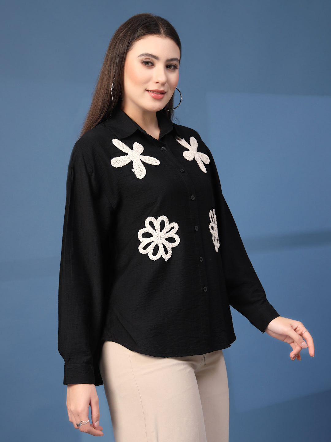Thirty Threads Womens Black Emboirered Collar Neck Long Sleeve Regular Length Shirt