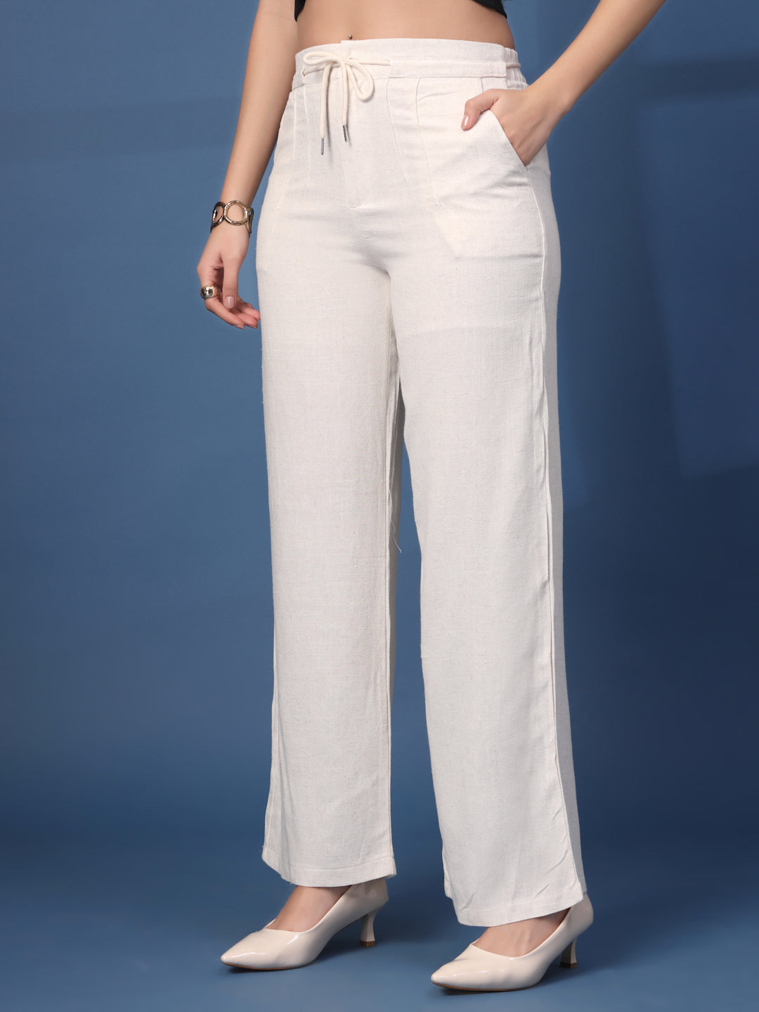 Thirty Threads Womens Off White Solid Ankle Length Palazoo
