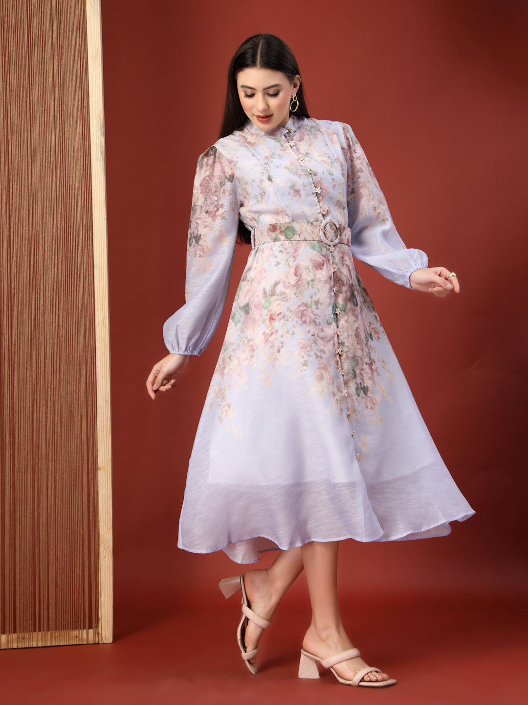 Thirty Threads Womens Multi Floral Mandrain Collar Calf Length Dress