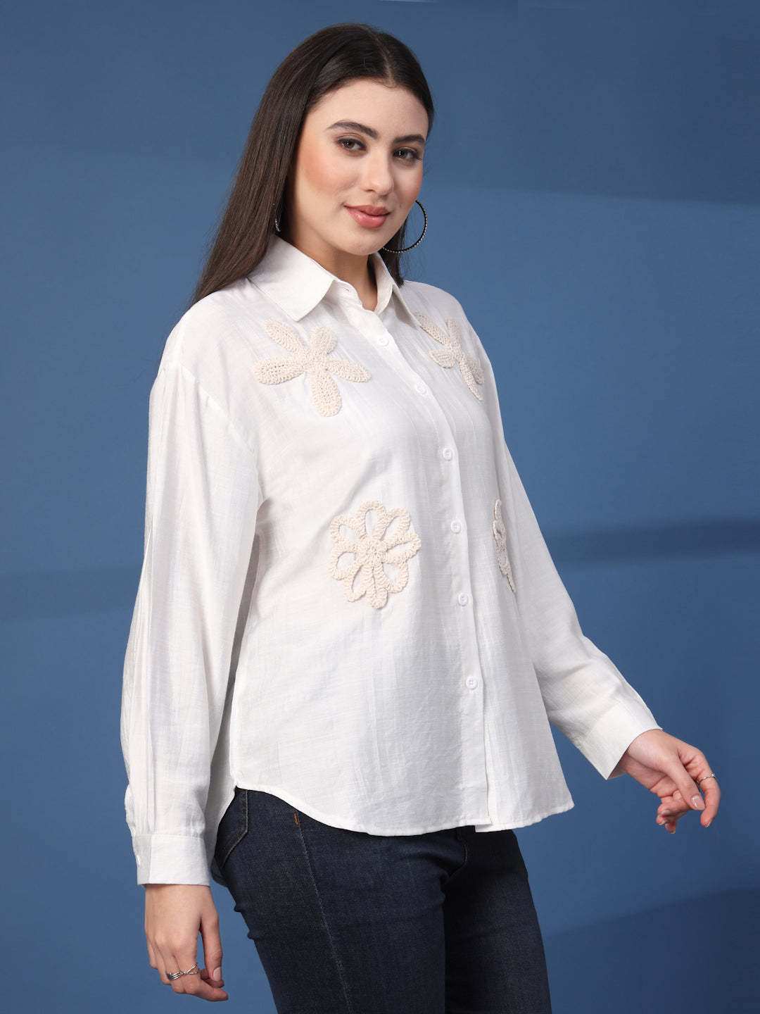 Thirty Threads Womens White Emboirered Collar Neck Long Sleeve Regular Length Shirt