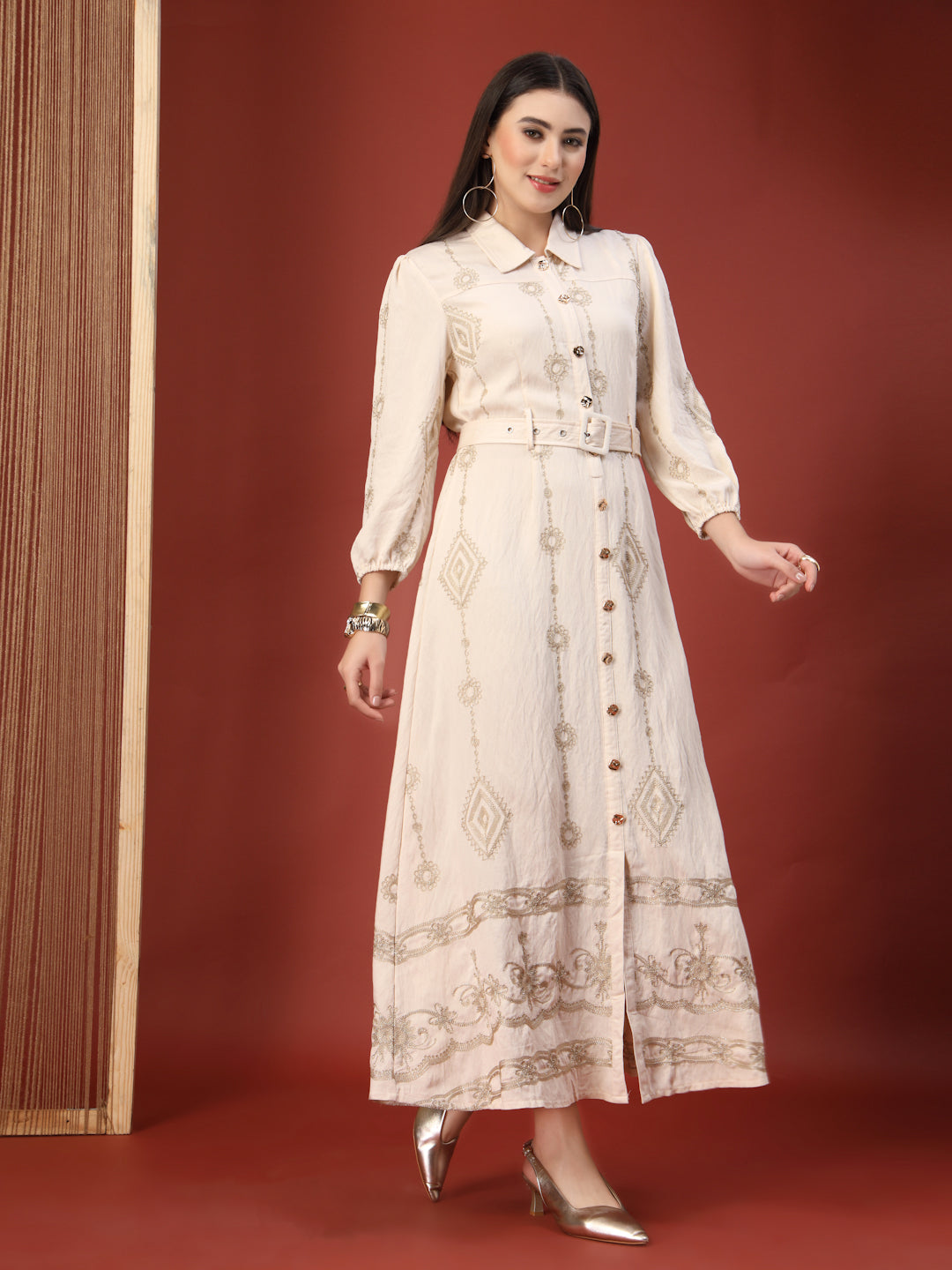 Thirty Threads Womens Oat Ethnic Motifs Collar Neck Ankle Length Dress