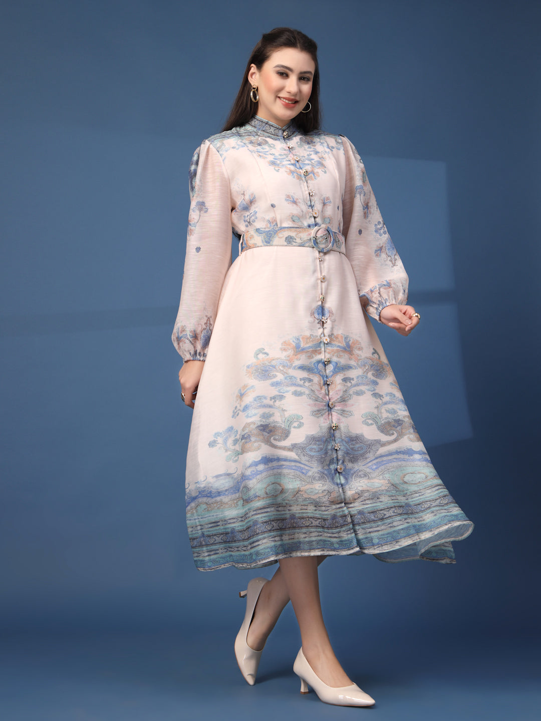 Thirty Threads Womens Multi Floral Mandrain Collar Calf Length Dress