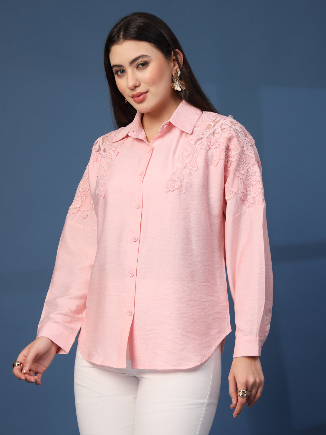 Thirty Threads Womens Black Self Design Collar Neck Long Sleeve Regular Length Shirt