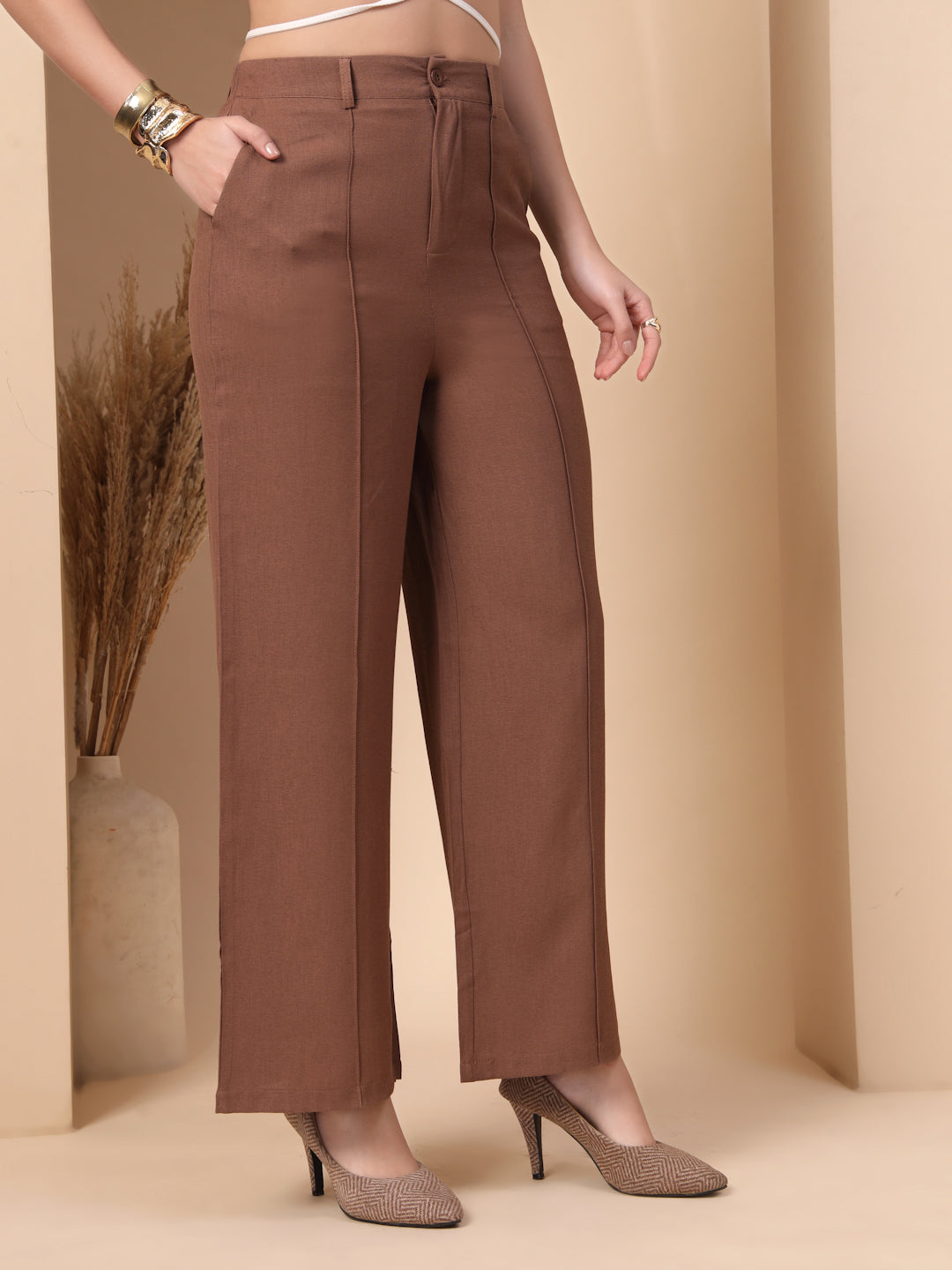 Thirty Threads Womens Beige Solid Ankle Length Palazoo
