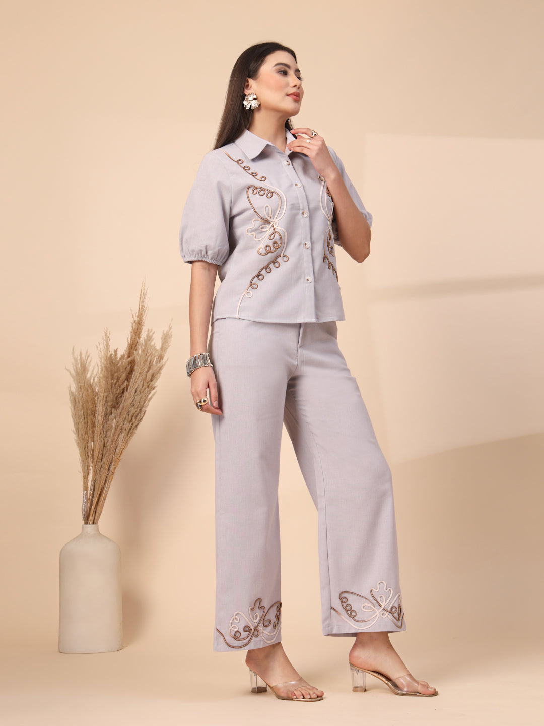 Thirty Threads Womens Beige Embroidered Collar Neck Regular Co-Ord Set