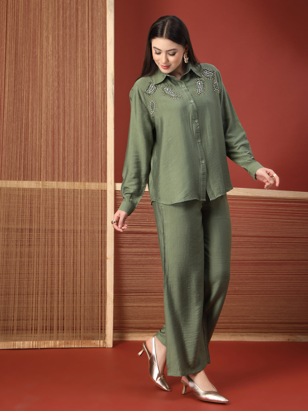 Thirty Threads Womens Brown Embellished Collar Neck Regular Co-Ord Set