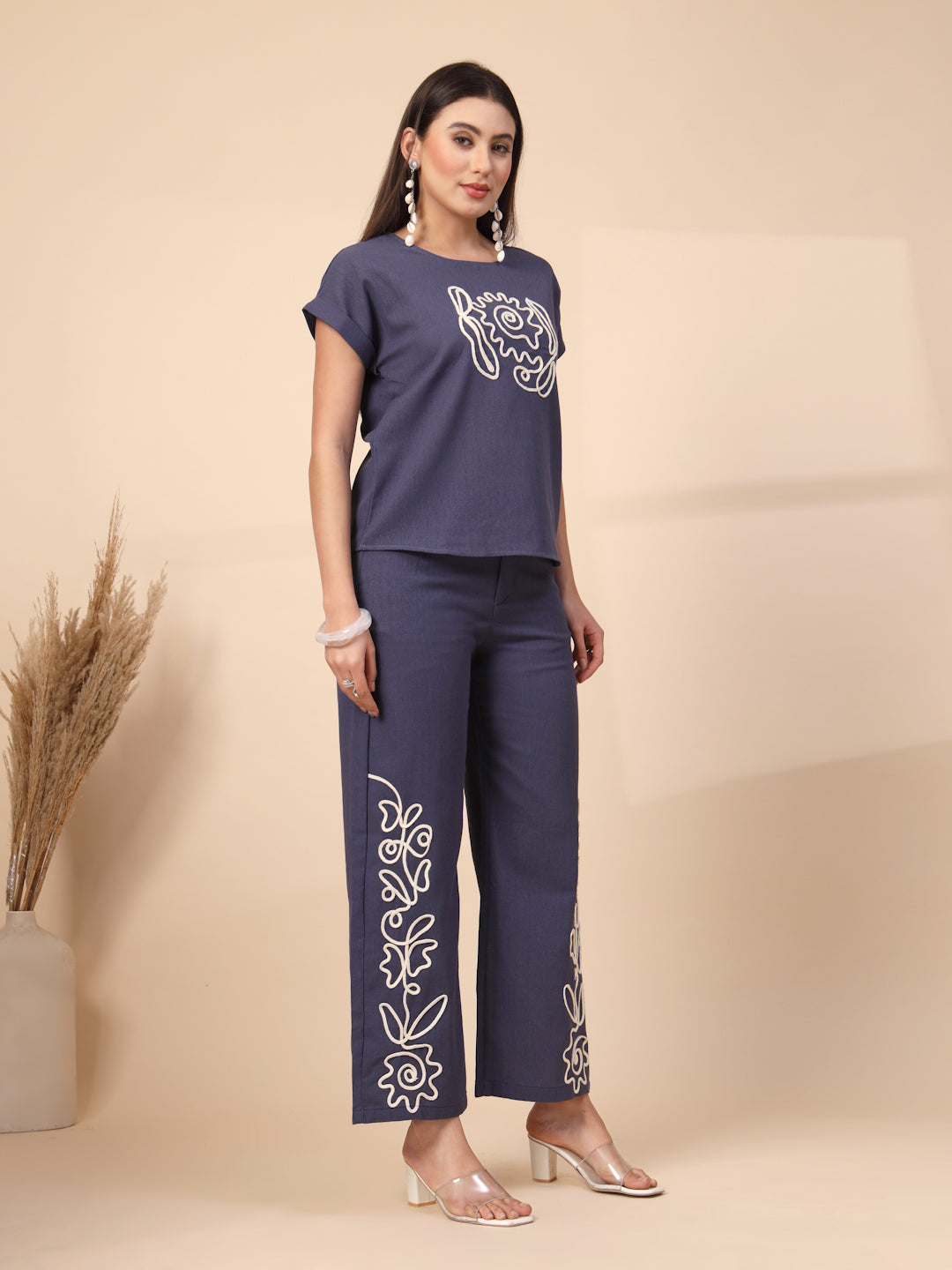 Thirty Threads Womens Brown Embroidered Round Neck Regular Co-Ord Set