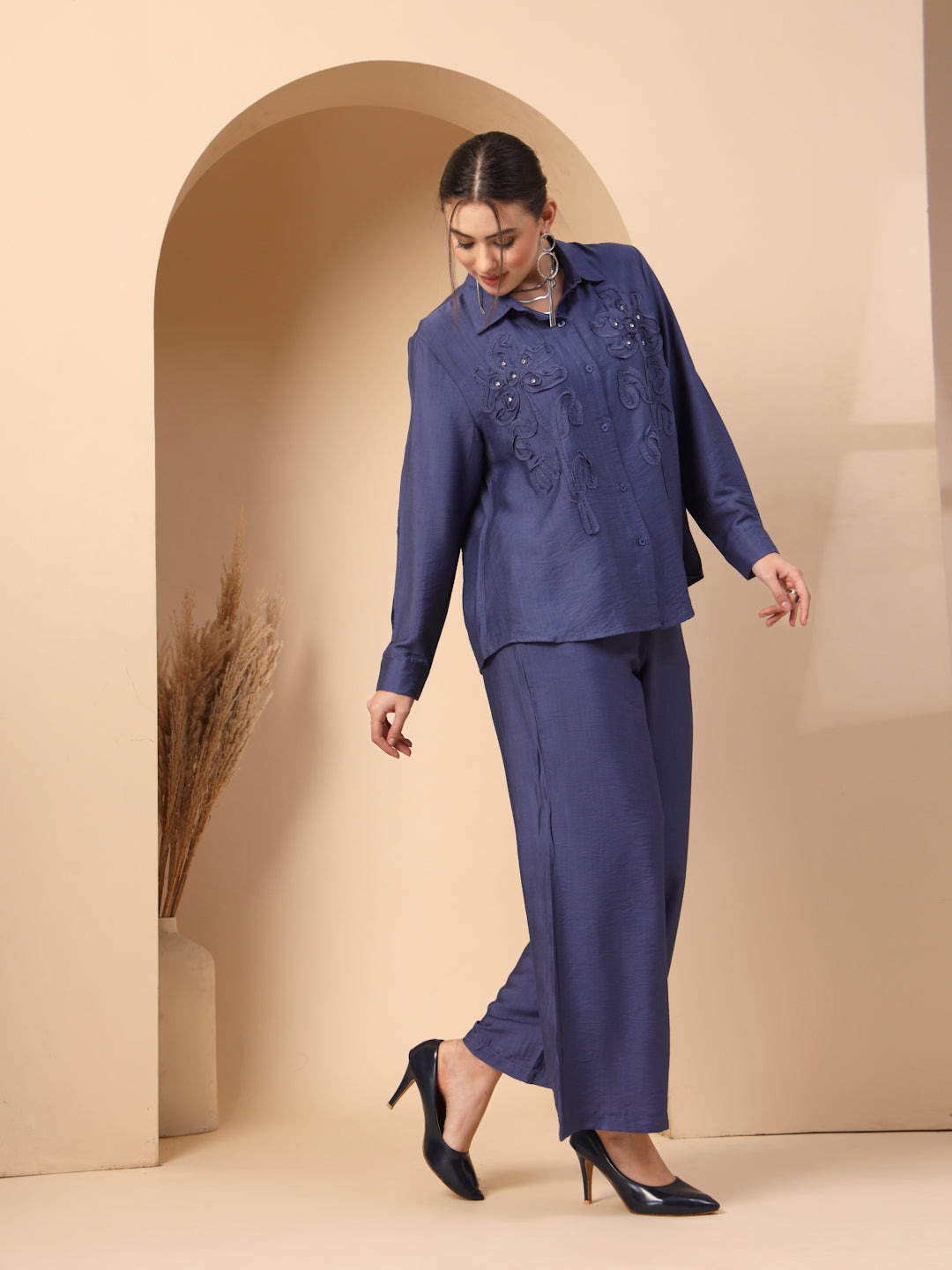 Thirty Threads Womens Blue Self Design Collar Neck Regular Co-Ord Set