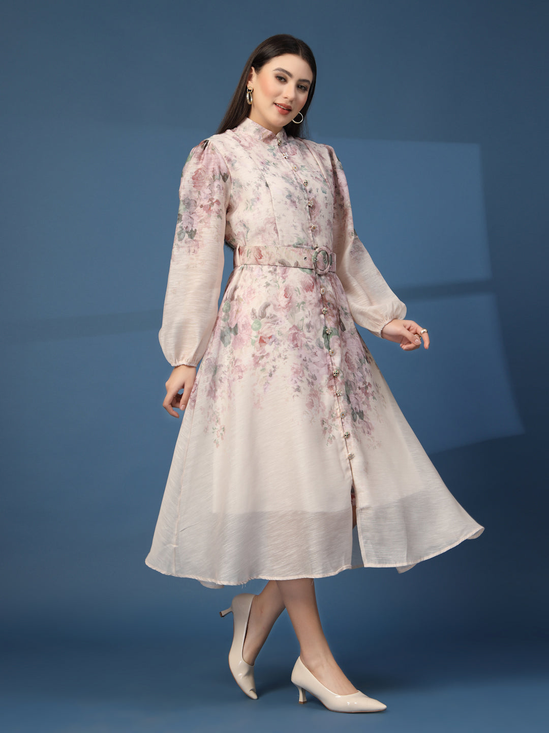 Thirty Threads Womens Peach Floral Mandrain Collar Calf Length Dress