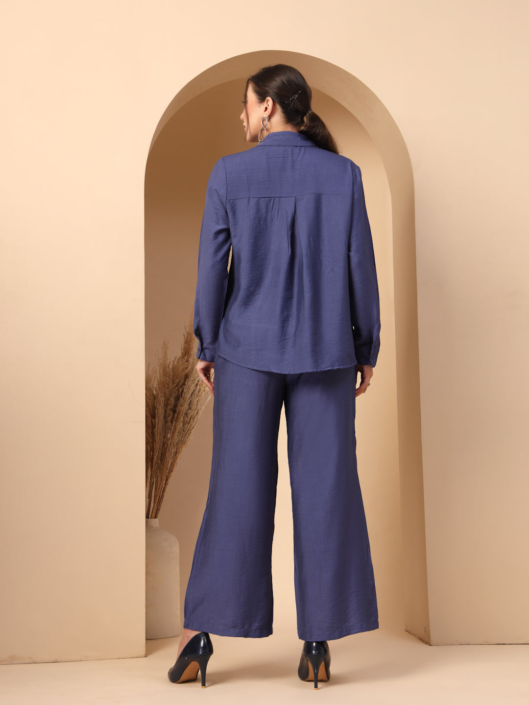 Thirty Threads Womens Blue Self Design Collar Neck Regular Co-Ord Set
