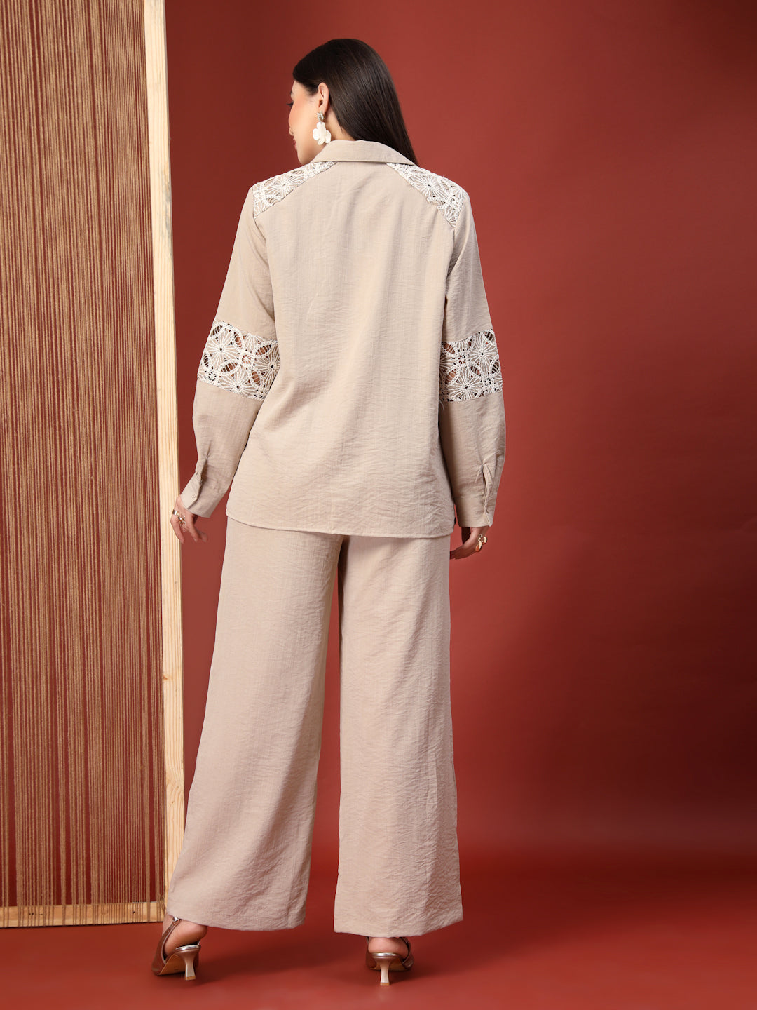 Thirty Threads Womens Beige Self Design Collar Neck Regular Co-Ord Set