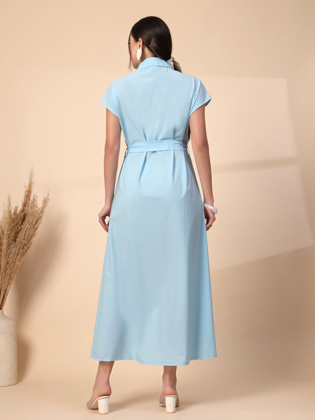 Thirty Threads Womens Sky Blue Emboirered Collar Neck Longline Dress